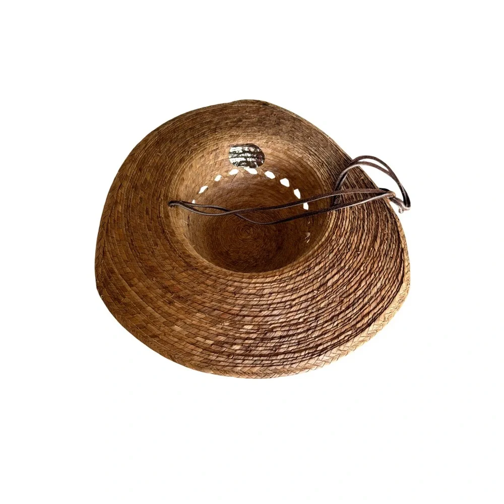 Tula Sun Hat Tan Woven Palm Straw Wide Brim Ventilated Chin Strap Mexico Made